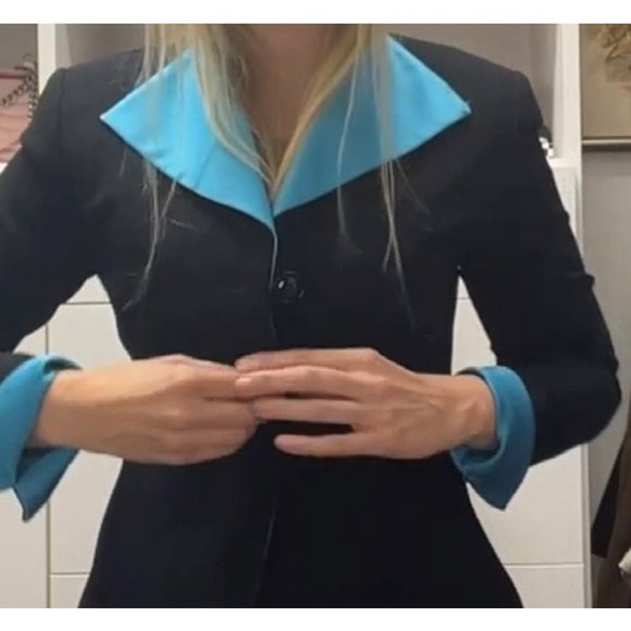 VINTAGE STUNNING CHRISTIAN DIOR BLACK & BLUE BLAZER SILK TRIM FRONT US SIZE 4P - Picture 2 of 11